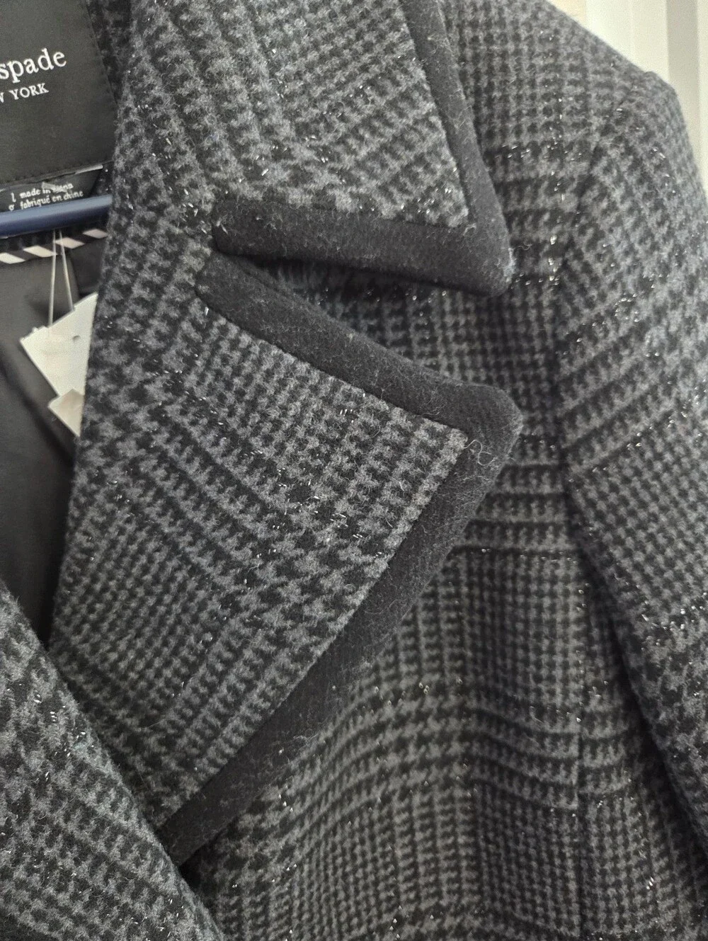 NWT Kate Spade Womens L Black Gray Sparkle Tweed Houndstooth Pea Coat Wool